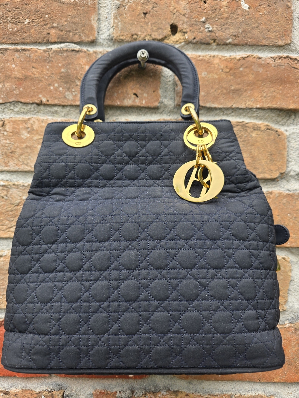 Authentic Lady Dior Nylon Quilted Tote Bag - Black and Gold